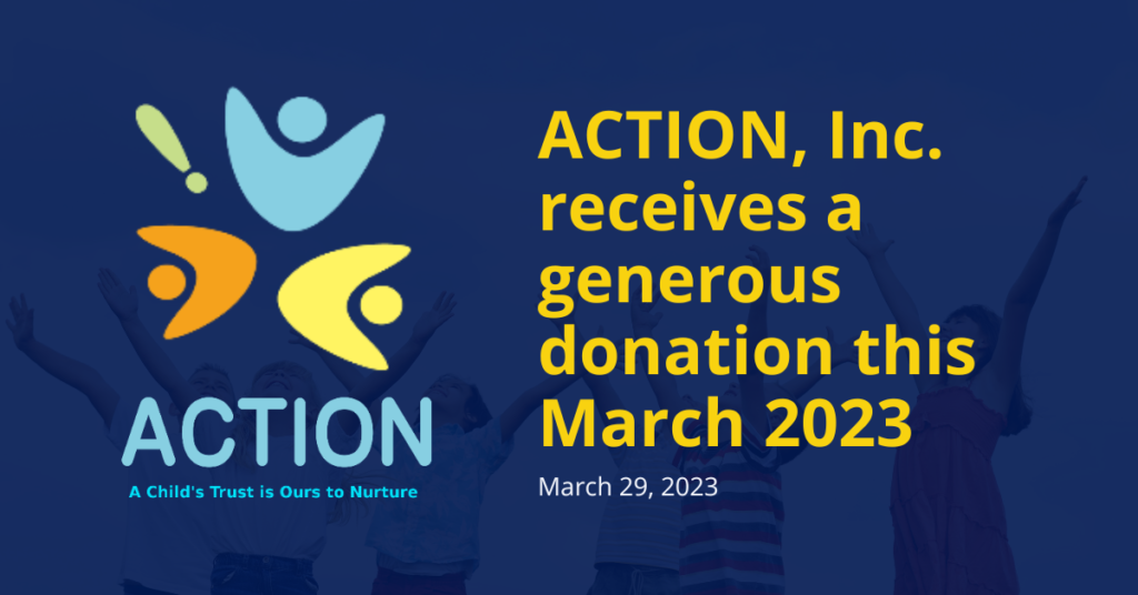 blue background with ACTION, Inc. logo and text ACTION, Inc. receives a generous donation this March 2023